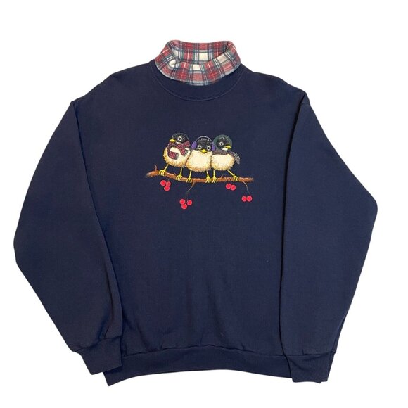 Vintage Gopher Sport Winter Bird Pullover Sweatshirt Plaid Collar Cottage Sz M - Picture 1 of 9